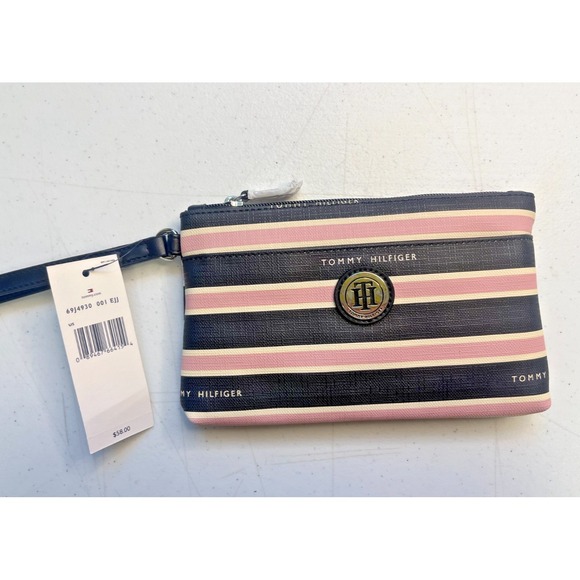 Tommy Hilfiger Handbags - Tommy Hilfiger Women s Logo Pink and Black Stripe Wristlet Wallet